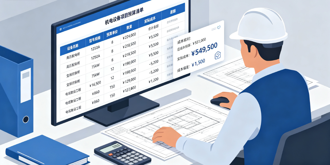 工程人员查看机电设备项目预算清单并核对成本信息 工程人员查看机电设备项目预算清单并核对成本信息