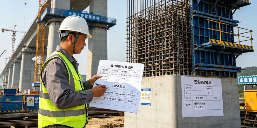 施工技术人员在桥梁施工现场核对墩柱钢筋安装记录与现场整改单据 施工技术人员在桥梁施工现场核对墩柱钢筋安装记录与现场整改单据