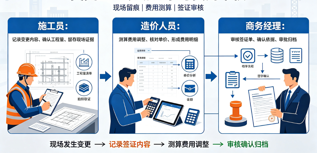 施工员在现场记录变更签证内容,造价人员在一旁测算费用调整,商务经理审核签证单 施工员在现场记录变更签证内容,造价人员在一旁测算费用调整,商务经理审核签证单