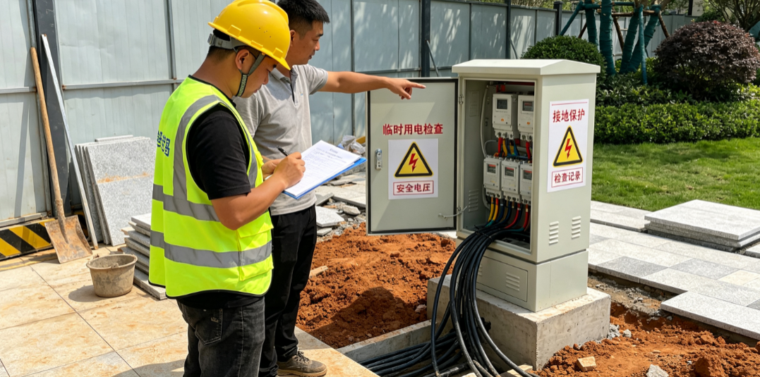 安全员手持检查记录表在景观施工区域核对临时用电箱，旁边施工人员配合指认现场情况
