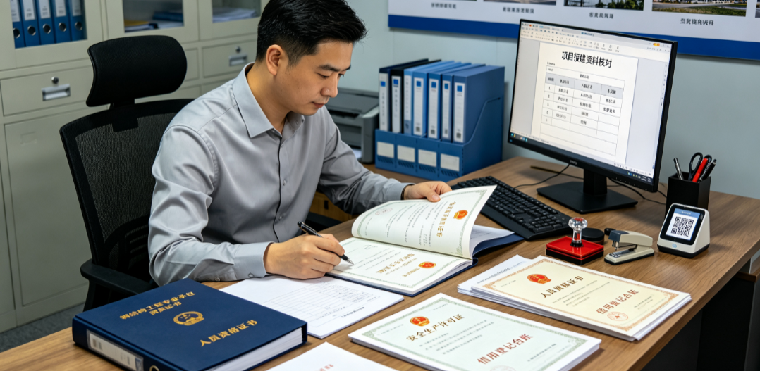 资质管理员在办公桌前核对钢结构项目报建所需的资质证书和人员资格证书，桌上摆放着借用登记台账和文件夹