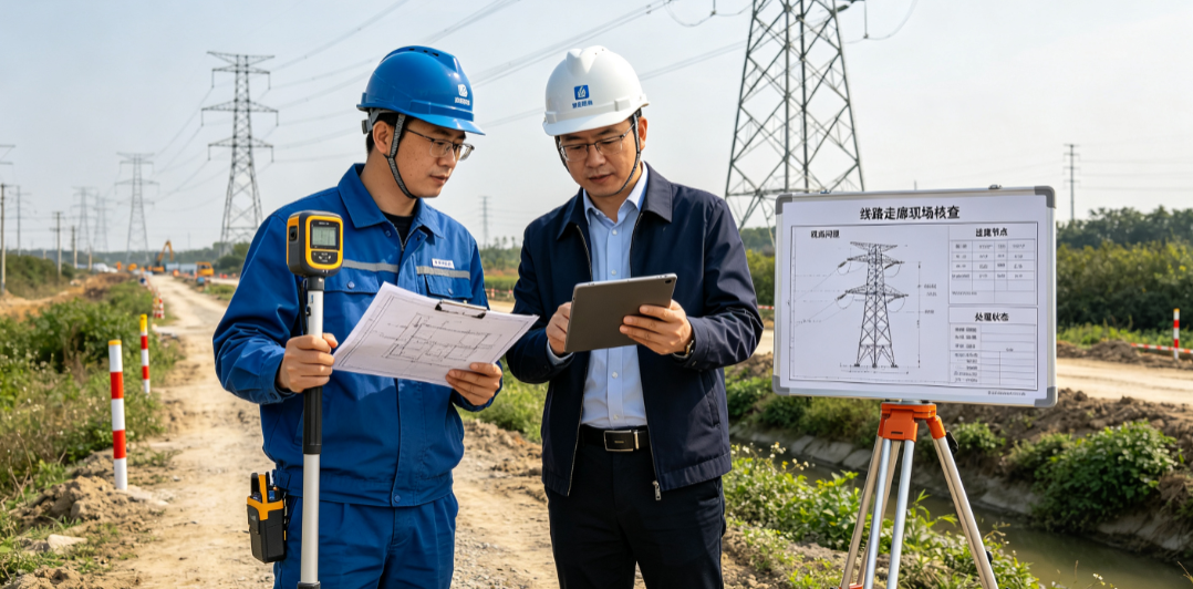 电力工程勘测技术人员与项目负责人核对线路走廊现场问题与进度节点 电力工程勘测技术人员与项目负责人核对线路走廊现场问题与进度节点