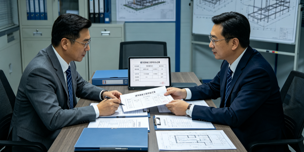 立项人员向项目负责人交接建筑基础工程项目记录，双方核对项目基本信息、负责人和已有项目资料