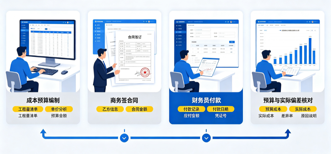 预算员编制成本预算后,商务人员签订合同,财务人员记录付款,成本人员核对预算与实际偏差的连续业务流程 预算员编制成本预算后,商务人员签订合同,财务人员记录付款,成本人员核对预算与实际偏差的连续业务流程