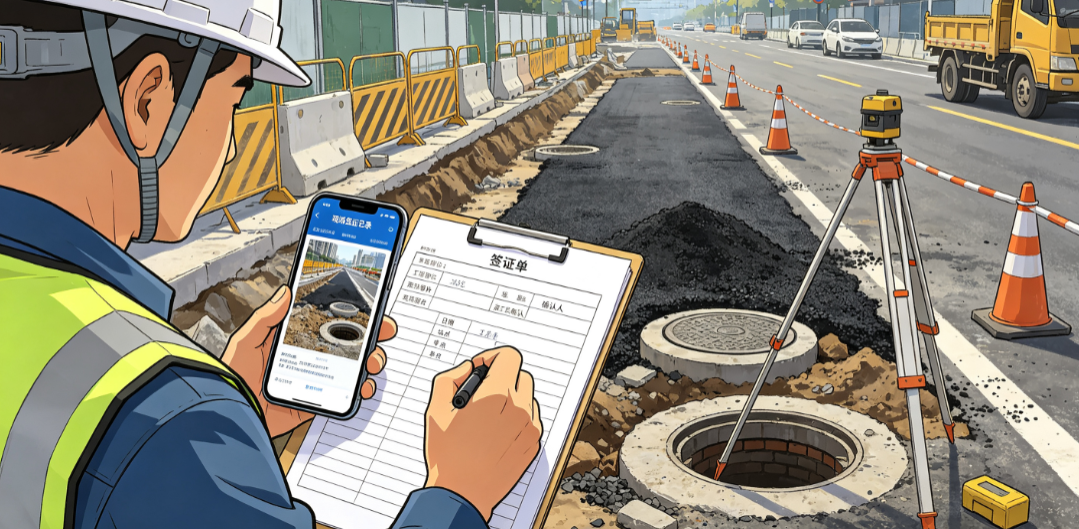 施工员在市政道路现场用手机或纸质表单记录签证事项和现场情况 施工员在市政道路现场用手机或纸质表单记录签证事项和现场情况
