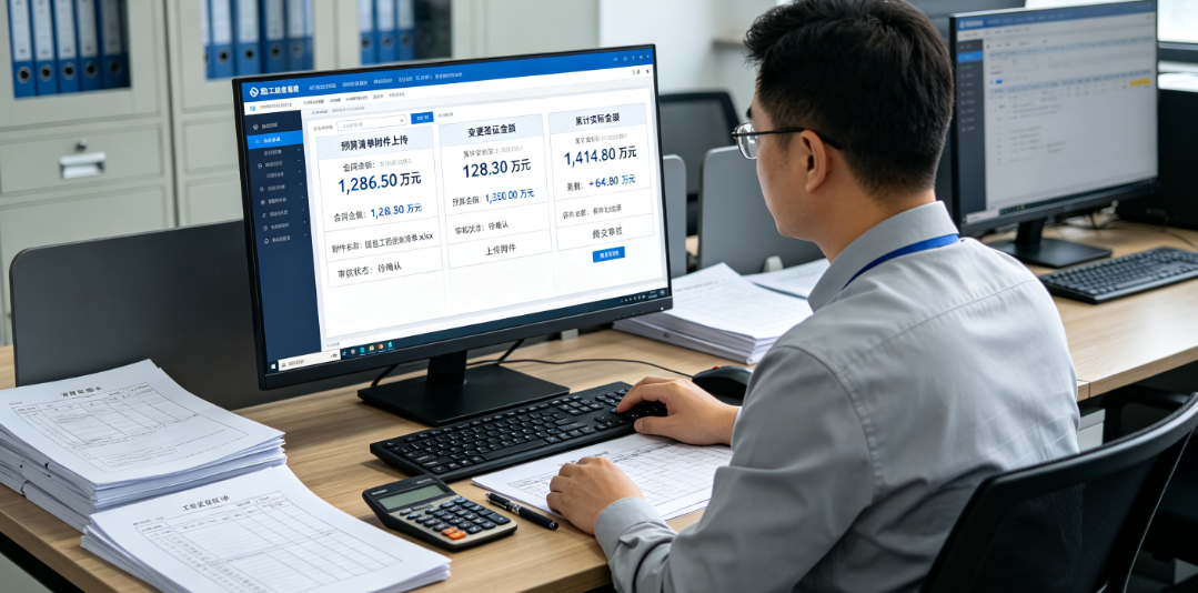 造价人员在系统中将预算清单附件上传,并与实际发生的合同金额、变更签证金额进行同屏比对审核 造价人员在系统中将预算清单附件上传,并与实际发生的合同金额、变更签证金额进行同屏比对审核